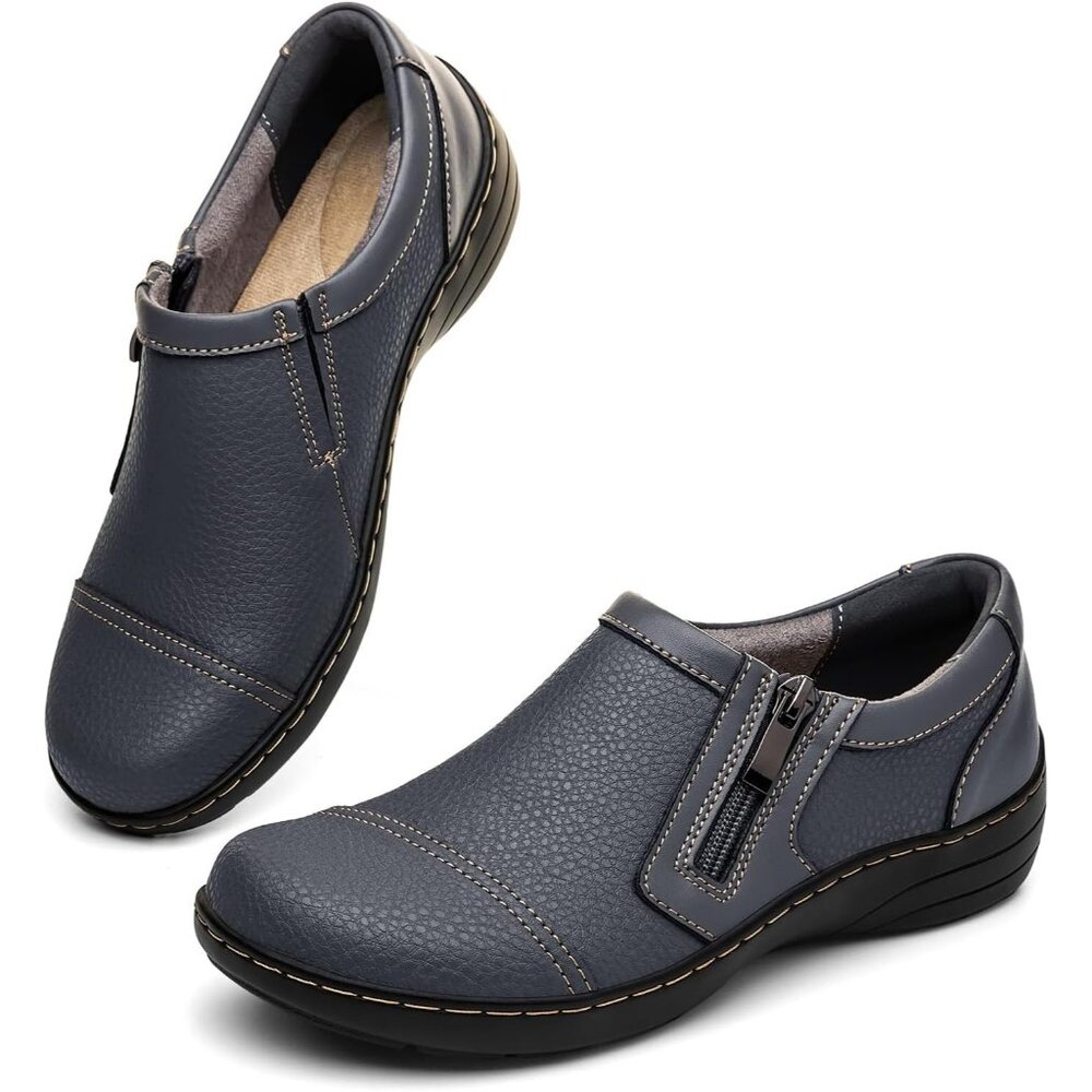 👑Women's Comfortable And Lightweight Grey Leather Loafers Casual Zipper Closure - Picture 8 of 9